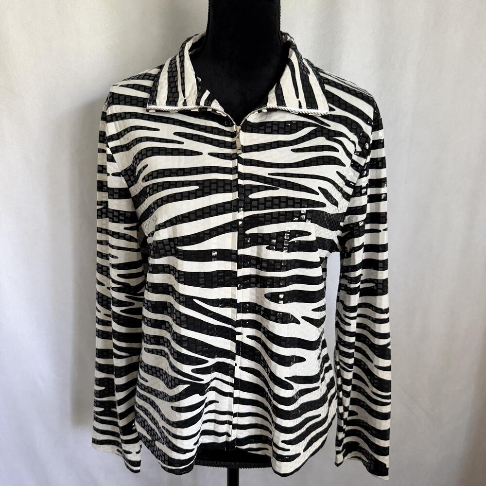 Lisa International Jacket Womens Petite PXL Black Zebra Animal Print Zip Front